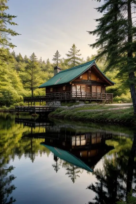 a profesional picture of 1 girl,chica adolescente,senos pequeños,belleza estetica,  MulanWaifu, ropa japonesa, kimono, chaqueta, pantalones  a medianoche , En Cabaña Rústica Junto al Lago: Un encantador, Cabaña desgastada situada en el borde de un lago tranquilo, rodeado de altos pinos. Las vigas de madera y los troncos de la cabaña exudan un encanto rústico y acogedor., y el reflejo del lago brilla con los tonos cambiantes del cielo.. , haciendo una pose de batalla  realista ,calidad perfecta,mejor calidad,ultranítido,ultradetallado,calidad perfecta,obra maestra,detalles intrincados,  