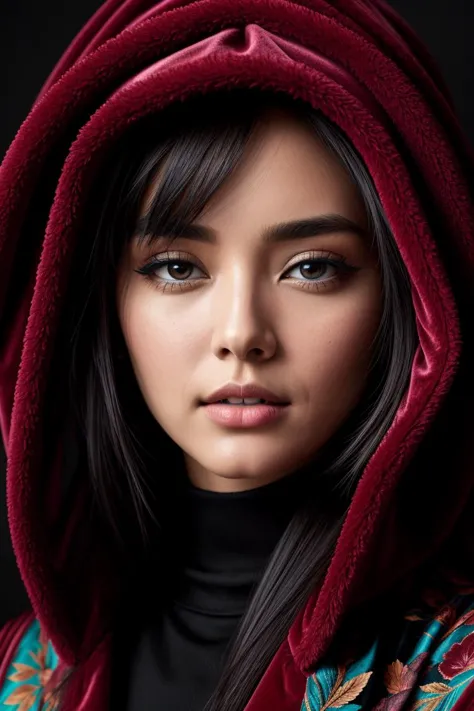 a close up of a woman wearing a red hoodie