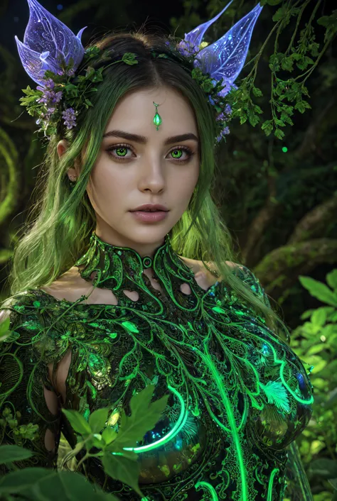 a dryad at her Grove, Greek mythology, bilateral symmetry, (green shiny eyes:1.2, Bioluminescence leaf pattern:1.3), green glowi...