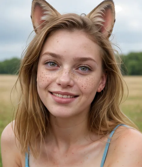 espectacular foto de celaje con orejas de zorro, Hermosa mujer de 22 años con pecas en la cara y el hombro., sonriendo a la cámara, fondo de color, photoRealista, imperfecciones, mirando por encima del hombro, inclinación de cabeza, ceja levantada, lunar en la mejilla, cabello rubio y exuberante, (ojos extra detallados:1.1), notables pupilas azules detalladas, rayos de Dios, brumoso, piel texturizada, (Realista dull skin noise:0.9),( detalle de piel visible:0.9), pelusa de la piel, (piel seca:1.1), gama de colores cálidos, Reflexiones especulares, ROMPER camaleón (vista punto de vista), (brazo extendido:1.2), personal, íntimo, fotografía de autorretrato,, (Frente a una multitud, en publico), sonrisa, pechos medianos,  Parte superior del cuerpo, absurdos, ilustración, sonrisa, Realista, naturaleza, exterior, detalles intrincados Bajo, moño desordenado 