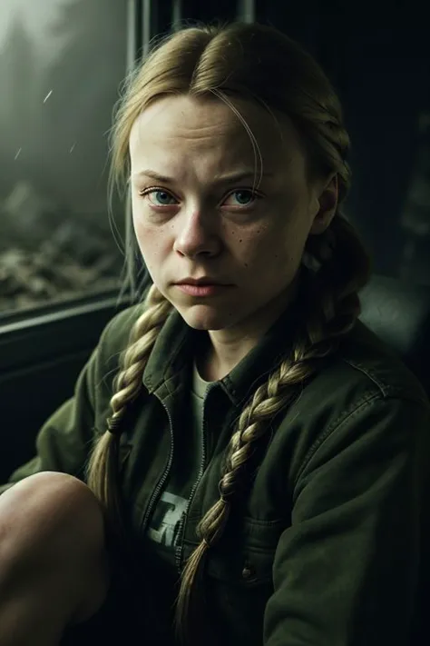 a close up of a young girl sitting in front of a window