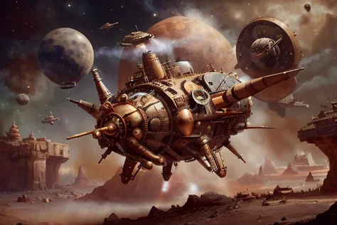 Steampunk style A 1950s retro space craft landing on an alien planet,,retrospaceships,design,hull,flying,space,exhaust, . Antiqu...