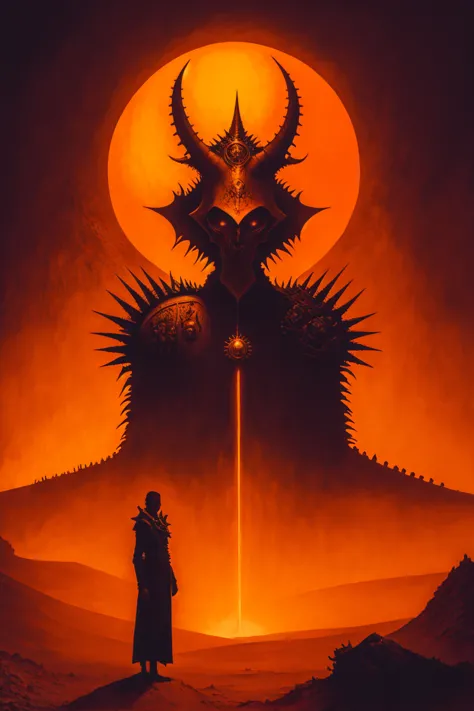 a painting of a man standing in front of a demon, the king in the desert, infernal relics, album cover design, full image, colos...
