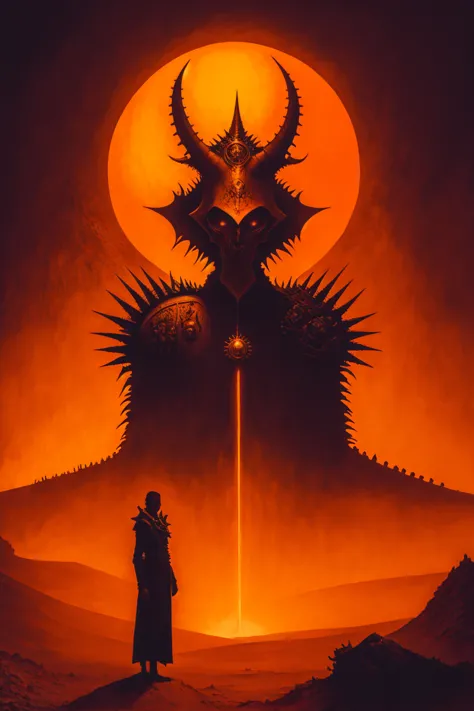 a painting of a man standing in front of a Dämon, der König in der Wüste, höllische Reliquien, Album-Cover-Design, Vollbild, Kolossal, Dämon, gehörnt  