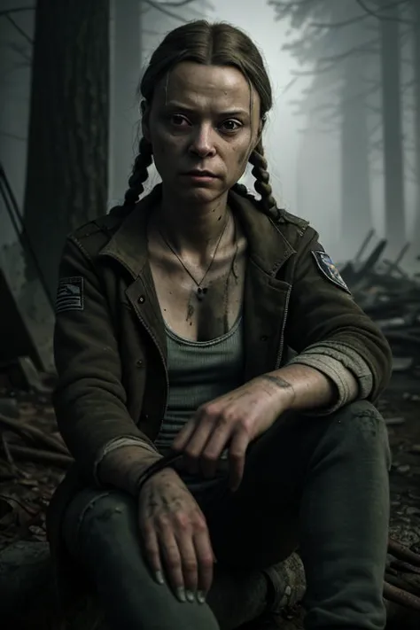 An aged woman, Greta Thunberg, full upper body photo, hair in braids, sitting on logg, looking at viewer, detailed face, straight long hair, 
Pale, thigh-high socks, dark coat,
night, dark forest, bright character, dark background, blurred background, flash photography, post-apocalyptic wasteland, ragged attire, determined eyes, survivalist, rugged charm, gritty, resourceful, apocalyptic, harsh terrain, gritty lighting. 