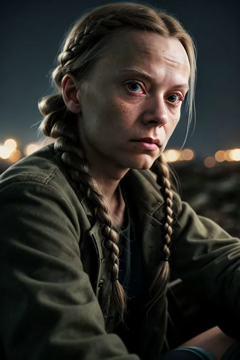 An aged woman, Greta Thunberg, close up, hair in braids, sitting on logg, looking at viewer, detailed face, straight long hair, ...