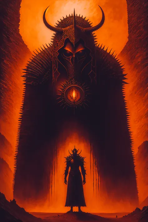 a painting of a man standing in front of a demon, the king in the desert, infernal relics, album cover design, full image, colos...