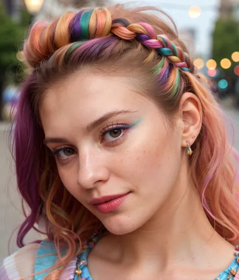 a close up of a woman with colorful hair and a necklace