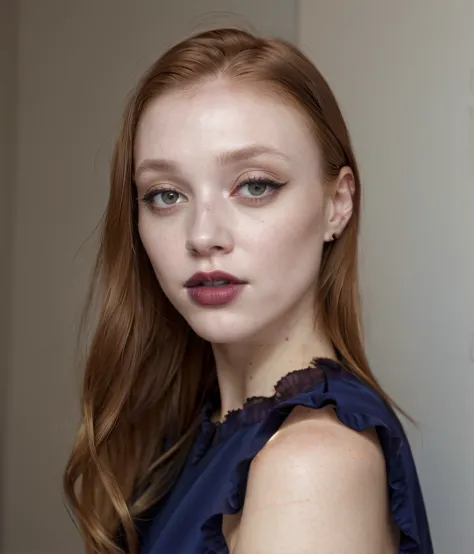 a close up of a woman with long red hair and a blue dress