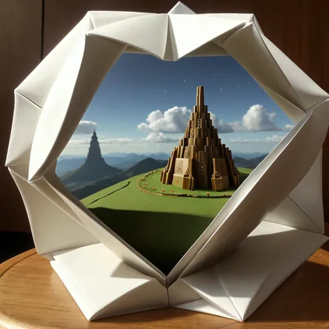 a close up of a paper sculpture of a mountain with a pyramid