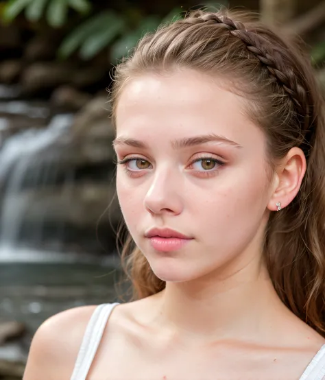 Wasserfallfoto von 1 Mädchen, 18teen, kaukasisch, Brünette, scharfes Kinn, Wangen erröten, Make-up Stirn, ((Haare zurückgekämmt)) Stirnband, detaillierte Haut, 8k uhd, dslr, sanfte Beleuchtung, gute Qualität, Filmkorn, Fujifilm XT3, schwach beleuchtet,Pfirsich Flaum Haar 