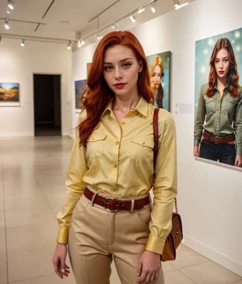 woman with red hair and a yellow shirt standing in front of a painting