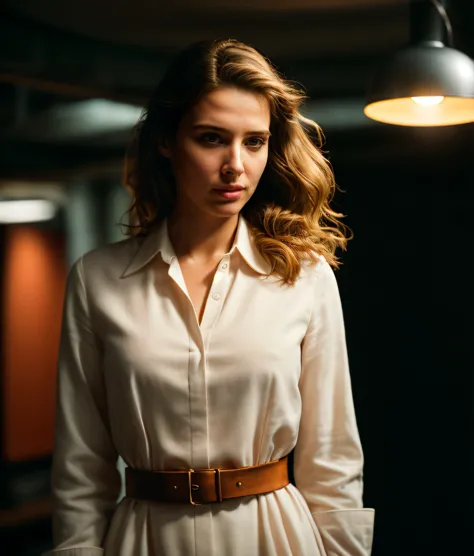 a woman in a white shirt dress standing in a room