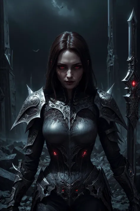 a woman in armor standing in a dark forest with a sword