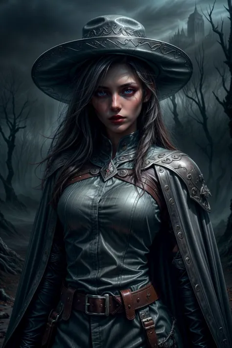 a woman in a witch costume and hat standing in a forest