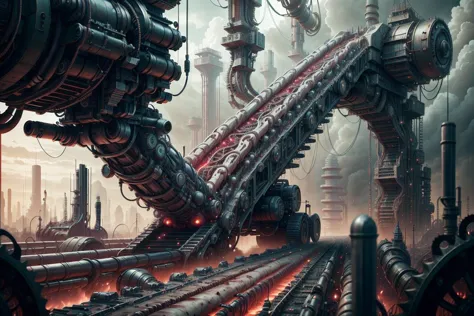 futuristic city with a train going through it and lots of pipes