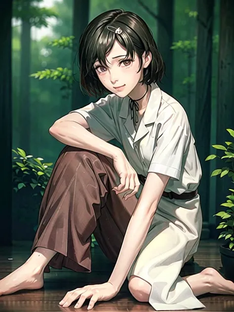 anime boy sitting on the ground with his feet crossed