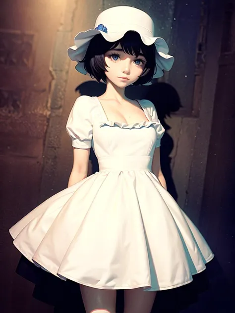 1girl, solo,(best quality),(masterpiece:1.1),  hat, dress, looking_at_viewer, neck_ribbon, cute, clear facial skin,