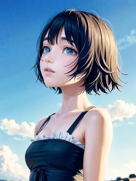 anime girl with blue eyes and black hair in a black dress