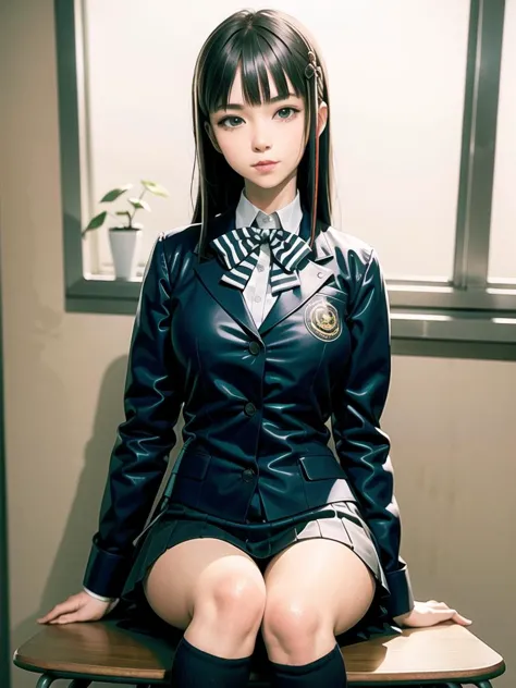 1girl, solo,(best quality),(masterpiece:1.1), full body, looking_at_viewer, school uniform, neck_ribbon, cute, clear facial skin,