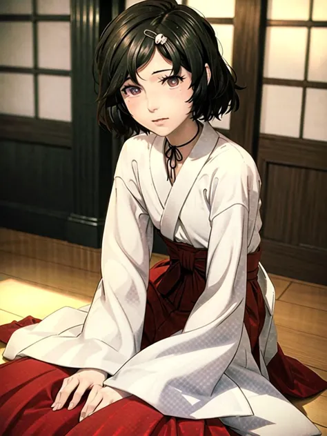 anime girl in kimono outfit sitting on floor with red blanket