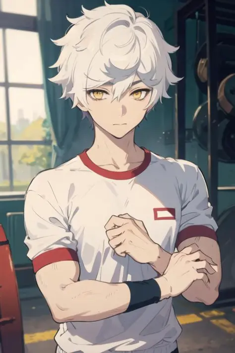 masterpiece, best quality, high quality, 1boy, solo, male focus, looking at viewer, upper body, gabimaru, white hair, yellow eyes, , , gym uniform