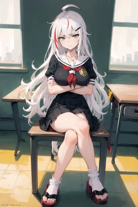 ((masterpiece,best quality)),1girl, solo, futuristic school uniform, white and yellow color uniform, school, pleated skirt, scenery, knee up, mature body, adult body, thigh, irritated face, arguing, rage, disputing, classroom,plastic chair, sitting, crosse...