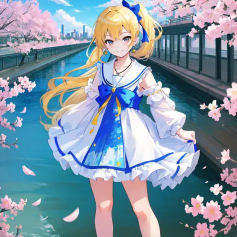 pov,close-up,cityscape,blue sky with clouds,anime screencap,((grayu)),(side_ponytail),looking at viewer,standing, arms behind back,,grin,serafuku,sailor dress,white ankle socks,uwabaki,neck ribbon,necklace,hair ribbon,ribbon,earrings,floating sakura,ray tr...