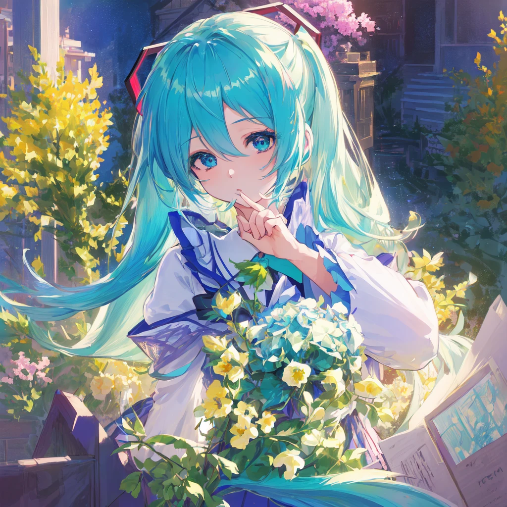 1girl, cute, (vocaloid), ((Hatsune Miku)), ((blue teal hair)), (long hair), (pastel colors:0.9), (blue beautiful eyes), (gradient hair), (gradient eyes), (((masterpiece, best quality, volumetric lighting, dynamic pose, intricately detailed face))), ((perfect eyes)), (((looking at the viewer))), ((summer)), ((perfect details)), ((light particles)), ((scenery)), ((Garden)), ((illustration, aesthetic)), flowers covering one eye, ((serafuku)),, pov,cropped torso upper body,{best quality}, {{masterpiece}}, {highres}, original, extremely detailed 8K wallpaper, 1girl, {an extremely delicate and beautiful},,incredibly_absurdres,ray tracing,{best quality}, {{masterpiece}}, {highres}, original, extremely detailed 8K wallpaper, {an extremely delicate and beautiful},,incredibly_absurdres,colorful,intricate detail,artbook,,anime screencap,