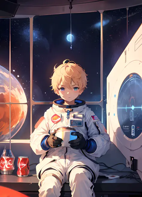 The young boy is floating inside a spacious, high-tech space station, with curved walls and a large observation window that prov...