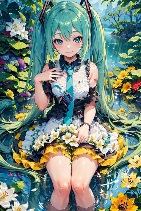 (masterpiece, best quality, highres:1.4), 1girl, <lora:852_v10:0.5>, ((unity 8k wallpaper, illustration, lily_\(flower\), beautiful and delicate detailed girl)), hatsune miku, twintails, green eyes, small breasts, flower field, flower, red flower, plant, f...