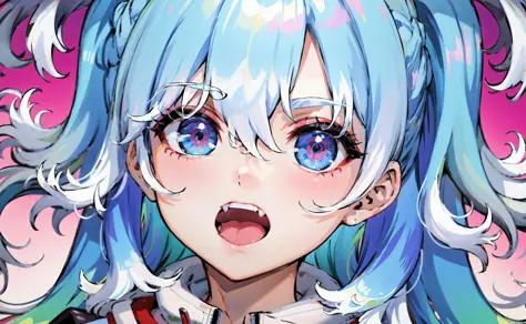 masterpiece, high quality, highres, absurdres, ultra-detailed, detailed eyes, 8k, ti-emb_kobo-kanaeru, 1girl, colorful eyes, fangs, open mouth, bangs, colorful background, looking at viewer, vibrant, contrast, blue hair, white hair, gradient hair, happy, g...