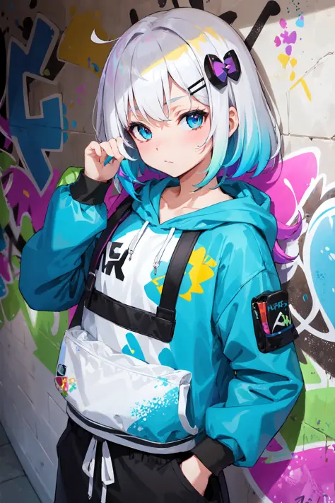 masterpiece, high quality, highres, absurdres, ultra-detailed, 8k, 1girl, platinum grey hair, blue hair, multicolored hair, gradient hair, looking at viewer, colorful eyes, colorful hoodie, (graffiti murals wall background:1.15), brilliant colorful paintin...