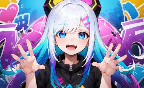 masterpiece, high quality, highres, absurdres, ultra-detailed, detailed eyes, 8k, 1girl, colorful eyes, fangs, open mouth, blue eyes, bangs, colorful background, (graffiti mural walls background), looking at viewer, vibrant, contrast, blue hair, white hair...