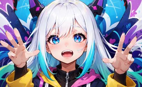 masterpiece, high quality, highres, absurdres, ultra-detailed, detailed eyes, 8k, 1girl, colorful eyes, fangs, open mouth, blue eyes, bangs, colorful background, (graffiti mural walls background), looking at viewer, vibrant, contrast, blue hair, white hair...