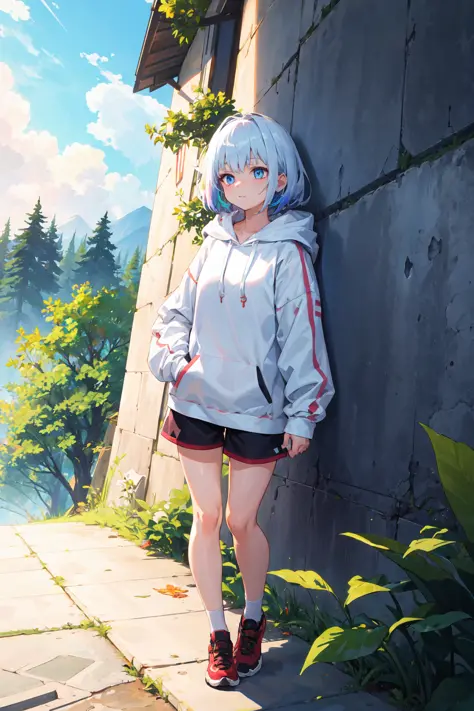 masterpiece, high quality, highres, absurdres, ultra-detailed, 8k, 1girl, white hoodie, white oversized hoodie, hoodie with red accent, techwear, hood, platinum grey hair, platinum blue hair, gradient hair, bangs, colorful eyes, closed mouth, looking away,...