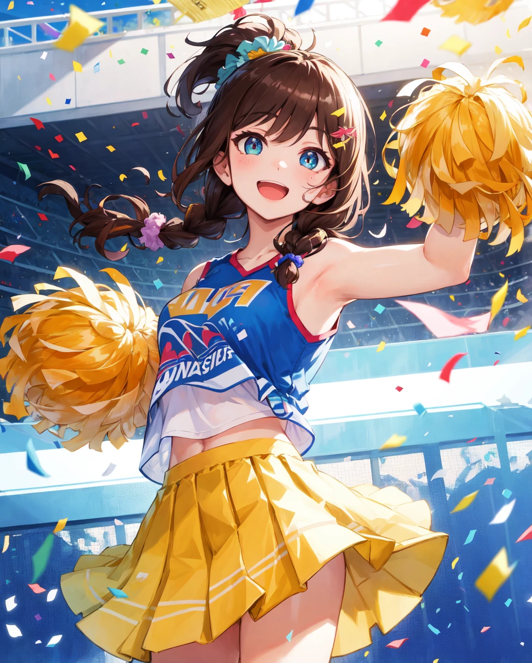 (masterpiece:1.5), illustration, 4k, 8k, (high quality:1.1), highly detailed, detailed face, HDR, vivid colors, natural lighting, pretty eyes, detailed eyes, colorful eyes, beautiful face, 1girl, long hair, messy hair, brown hair, twin braids, scrunchie, hair ornament, cheerleader, sleeveless, t-shirt, pom poms, cheering, standing on the side of a main road, spread arms, ((confetti)), smile, open mouth, establishing shot
