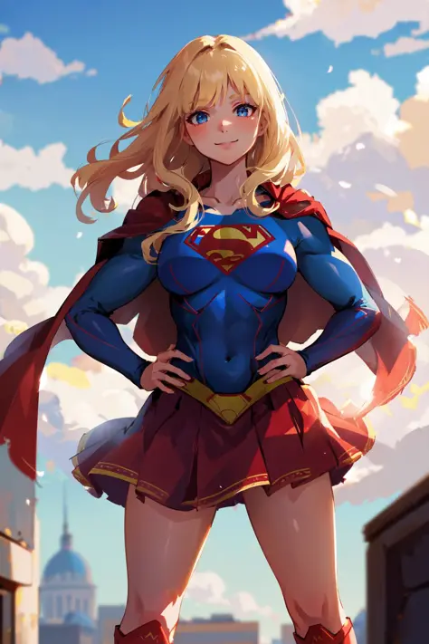 masterpiece, 4k, 8k, high quality, highly detailed, detailed face, HDR, vivid colors, natural lighting, Best Shadows, Shallow Depth of Field, Portrait of (Supergirl:1.1) standing on a rooftop, smiling, red skirt, red cape, red boots with heels, delicate, a...