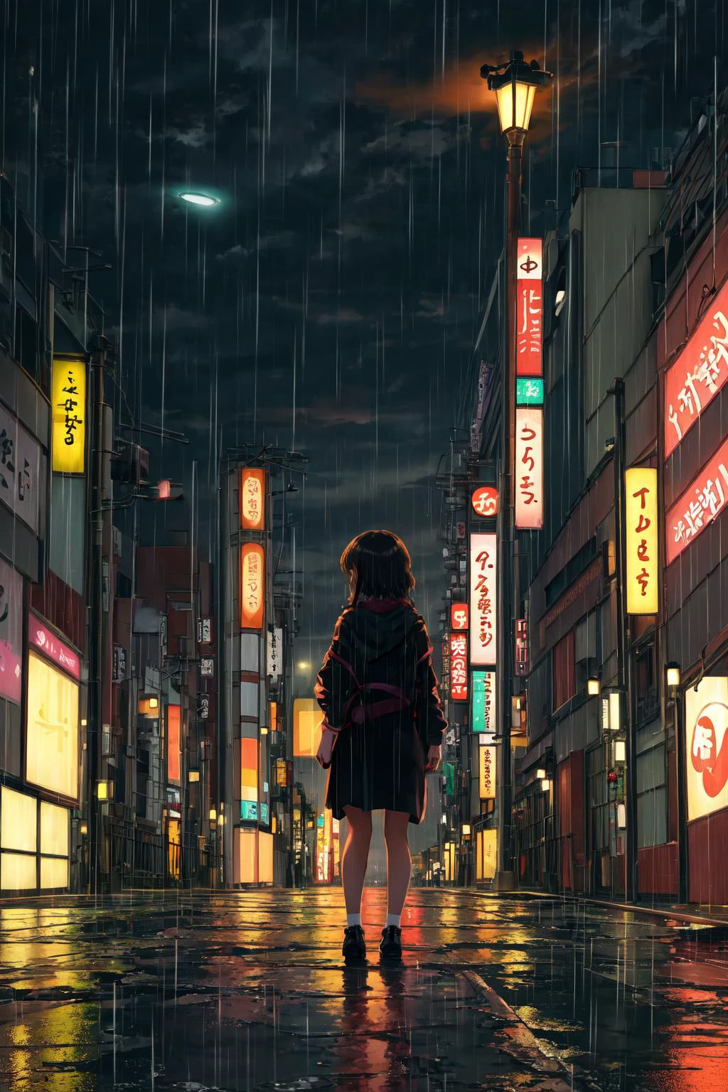 chef-d&#39;œuvre,meilleure qualité,1fille,seulement,regarder le spectateur,tard dans la nuit, Tokyo, rue déserte, vue lointaine, arrière-plan, solitude, pluie, lampadaires, Lumière faible,