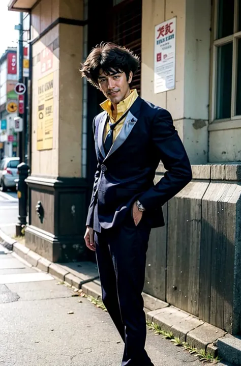 arafed man in a suit and tie standing on the sidewalk