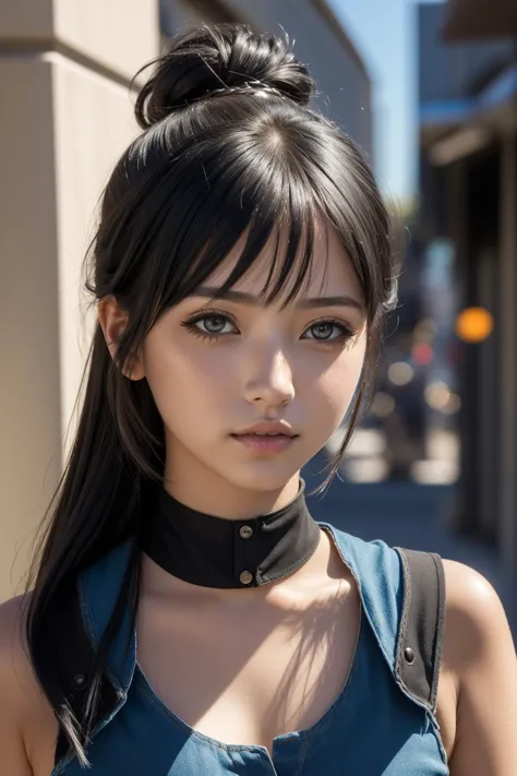 a close up of a woman with a blue top and black hair