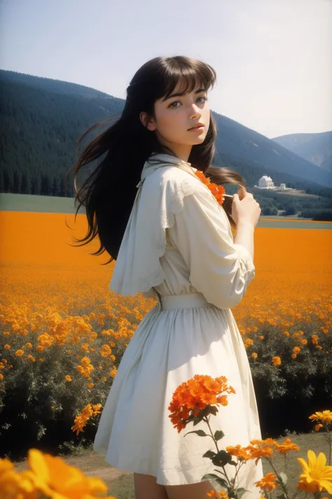 arafed woman in a white dress standing in a field of flowers