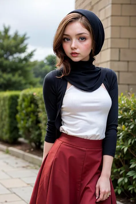 arafed woman in a white shirt and red skirt and a black scarf