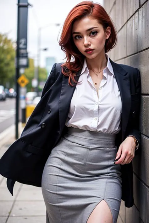 ((lily cole))  (((((:1.5))))) ((red_hair, High_broad_forehead, pale_white_skin, wide_beautiful_green_eyes, plump_red_lips, pointed_chin, heart_shaped_face))   ((tiny_slender_neck))  ((business_casual_suit_coat)) ((red_hair:2)) (pencil_skirt))