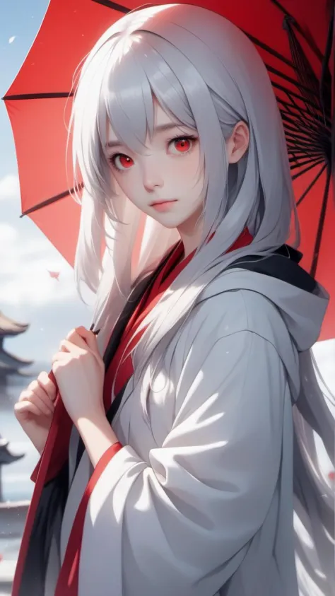 1 girl, 20 year old, grey eyes, shiromuku, white hair,  <lora:Shiromuku.VIIStudio:0.2>, holding a red umbrella, intensive long hair