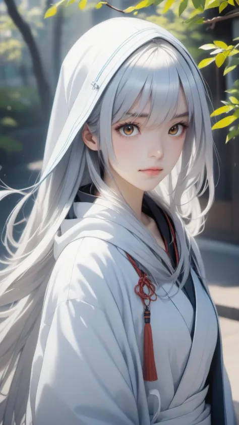 1 girl, 20 year old, shiromuku, hood, white hair,  intensive long hair