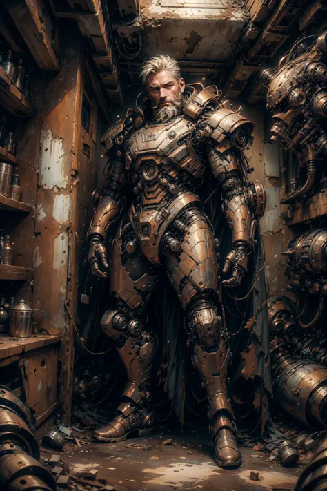 a close up of a man in a suit of armor in a room