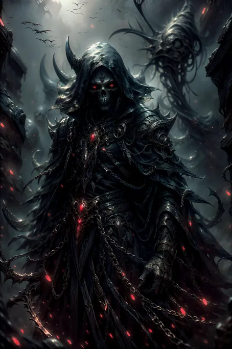 a demonic demon with red eyes and a long black robe stands in front of a dark background