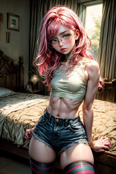 (masterpiece, best quality), 1girl, small breasts, small hips, green eyes, pink hair, crop top, denim shorts, bedroom, striped thighhighs, pervert, , glasses, 