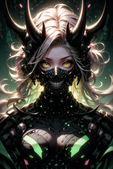 a woman with horns and glowing eyes in a dark forest